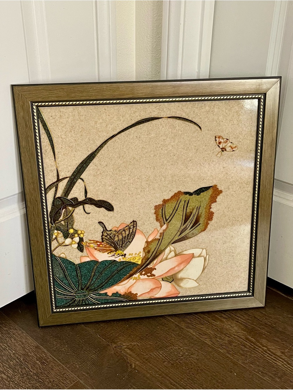 Vintage Ceramic Tile Art Arrangement Of Botanical And Butterfly Motif 18/19 Inch
